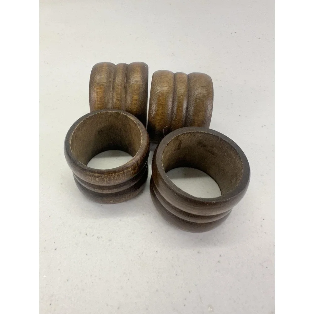 Vintage Turned Wood Napkin Rings Set of 4 Small Rustic Farmhouse Table Decor